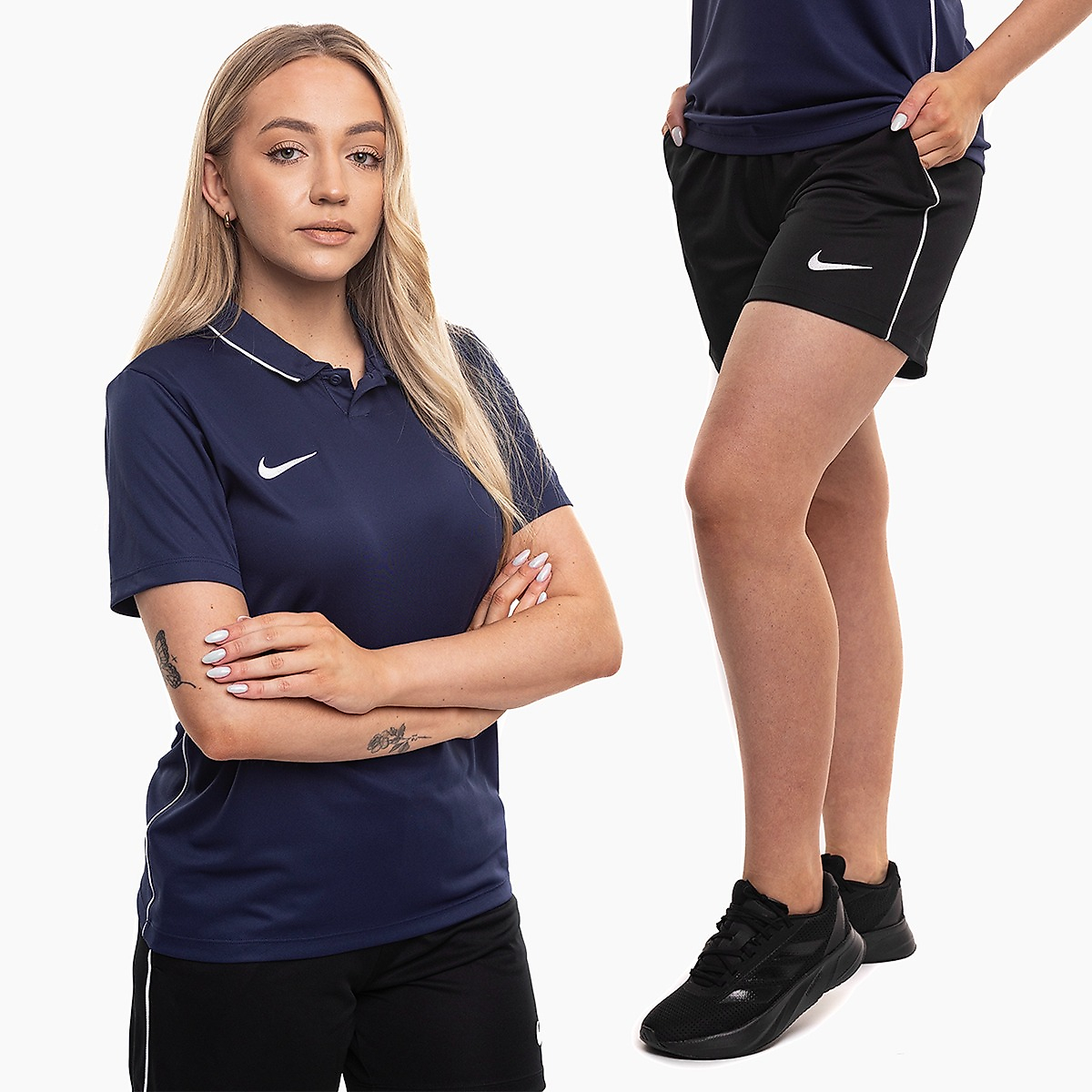 Nike set sportiv damă tricou pantaloni scurți Dri Fit Park 26 Polo HM7150 410/HM7162 010